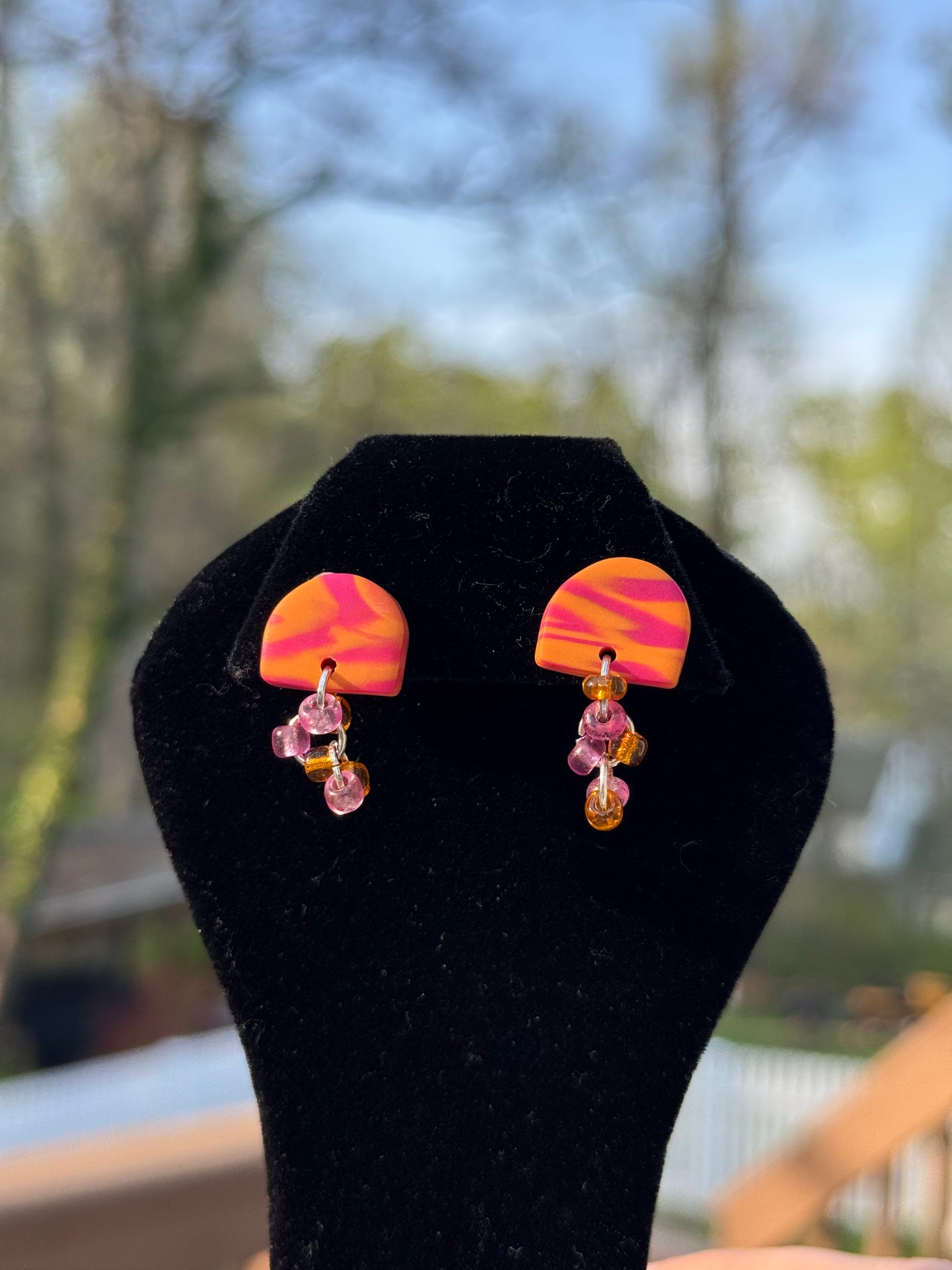 Neon Solstice: Geometric Arch & Beaded Cluster Earrings