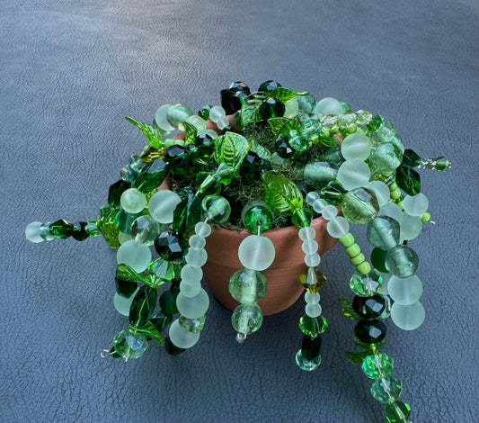 Glass Beaded Succulent Cactus – Faux Plant in Terra Cotta Pot – Handmade Bead Art Decor