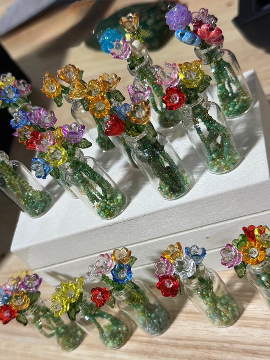 Everlasting Blooms: Handmade Mini Beaded Flower Bouquet in Glass Vase