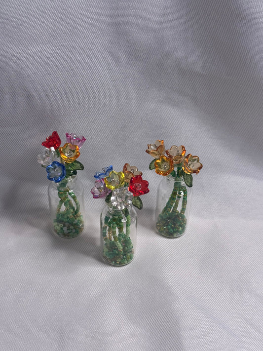 Everlasting Blooms: Handmade Mini Beaded Flower Bouquet in Glass Vase