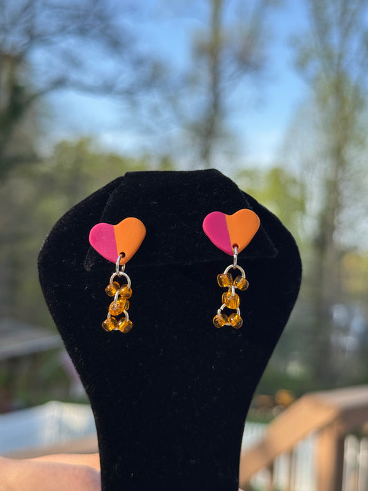 Neon Heartbeat: Two-Tone Heart & Amber Beaded Dangle Earrings