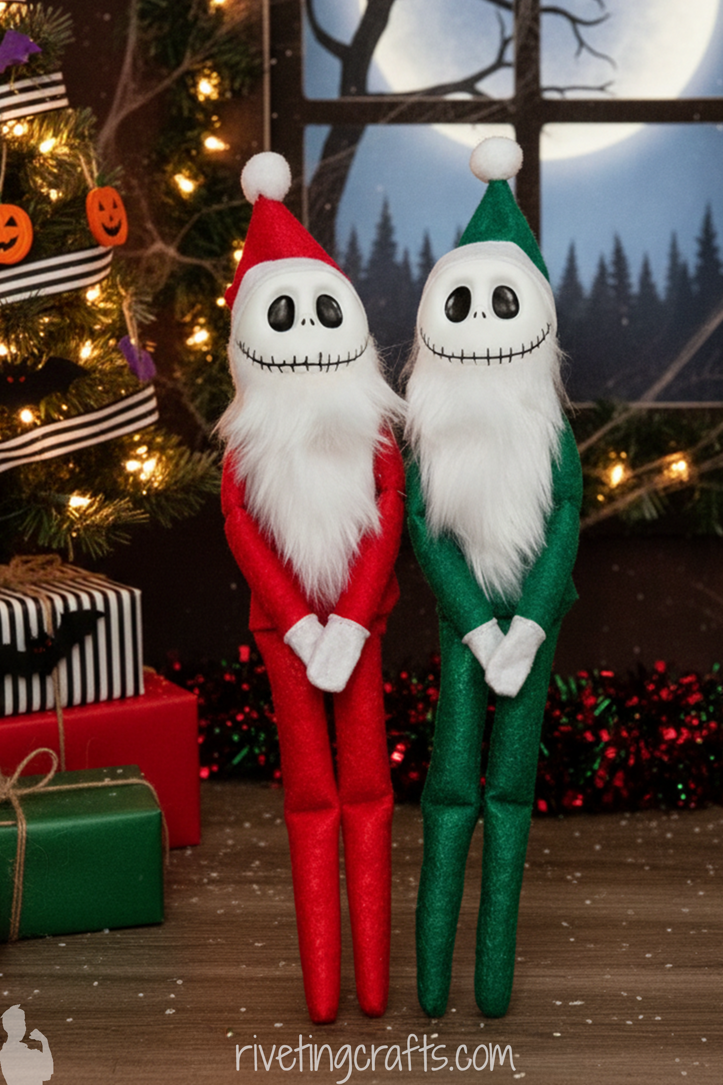 Skellington Face Christmas Elf, Unique Holiday Scout Decoration, Red or Green
