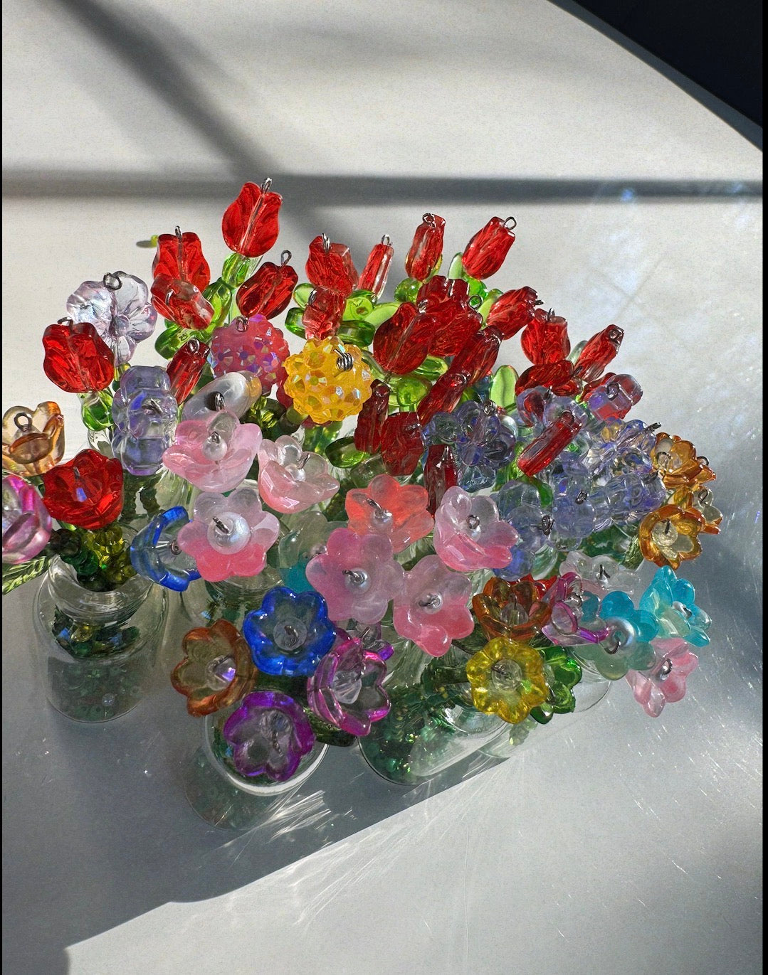 Everlasting Blooms: Handmade Mini Beaded Flower Bouquet in Glass Vase