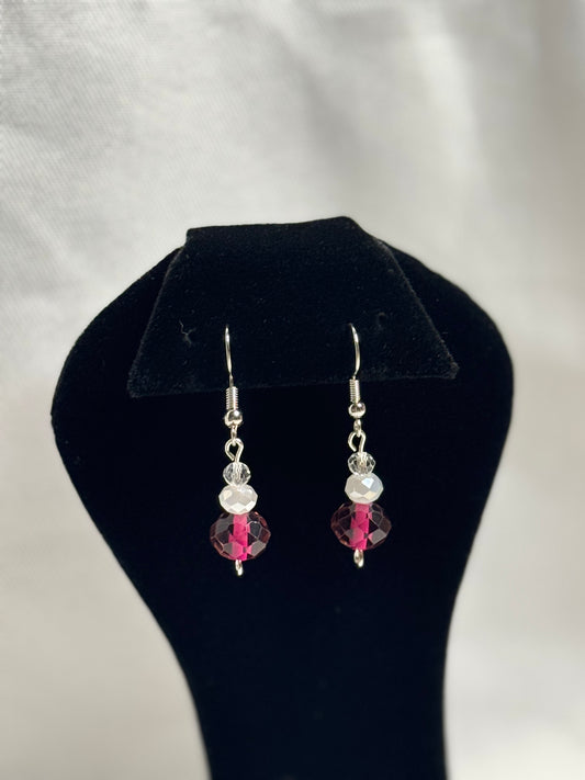 Berry Dazzle: Handmade Deep Pink & Pearl Glass Beaded Drop Earrings