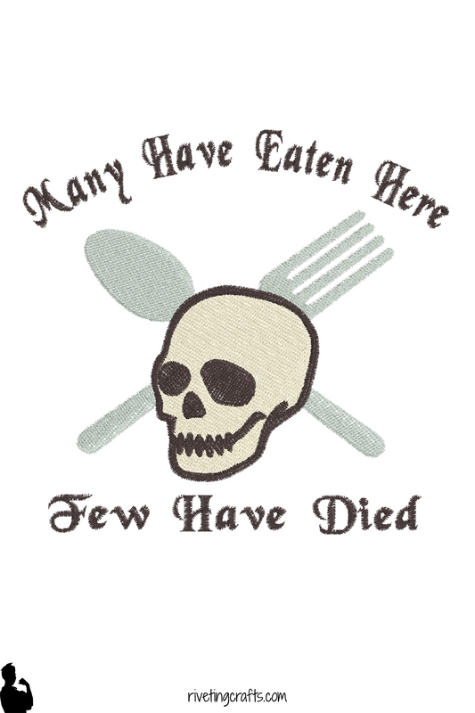 Embroidered skull and utensils towel with funny cooking quote