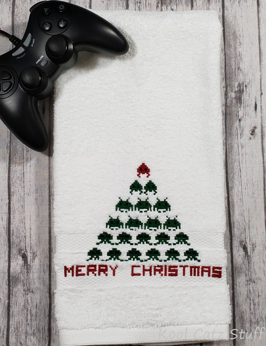 Space Invaders Christmas Tree Hand Towel